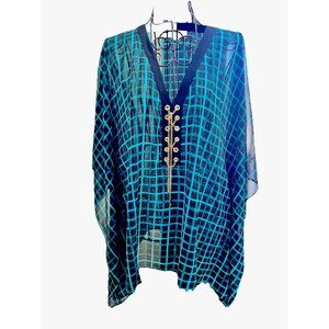 MICHAEL KORS Black & Turquoise Windowpane Chain Lace-Up Caftan Tunic Top SZ S/M